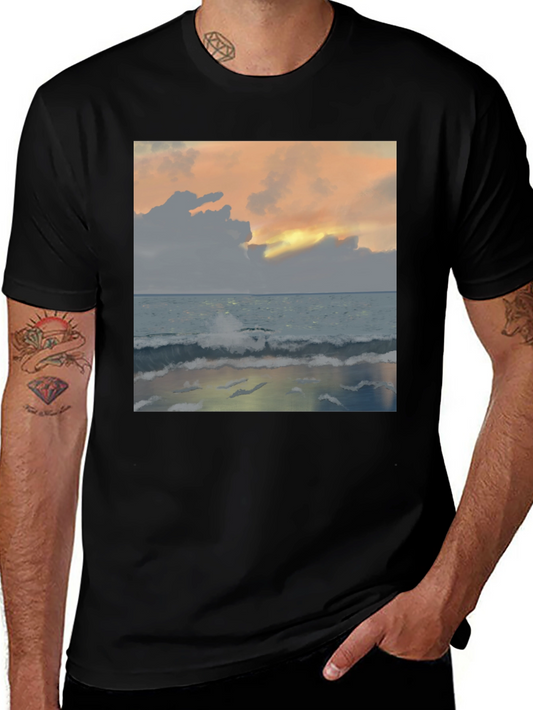 Ocean Sunset Graphic Tee - Relaxed Fit Black T-Shirt