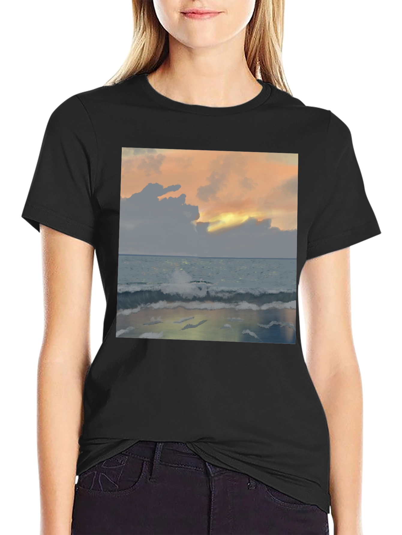 Ocean Sunset Graphic Tee - Relaxed Fit Black T-Shirt