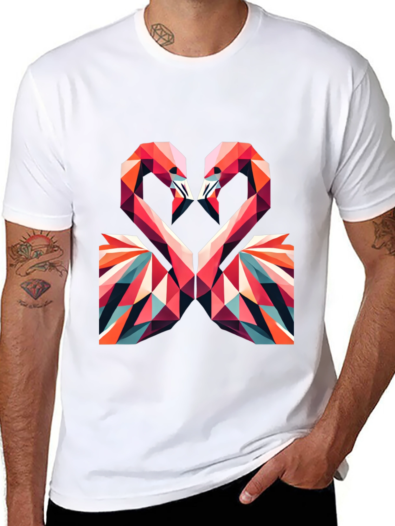 Geometric Flamingo Heart Graphic Tee - Black