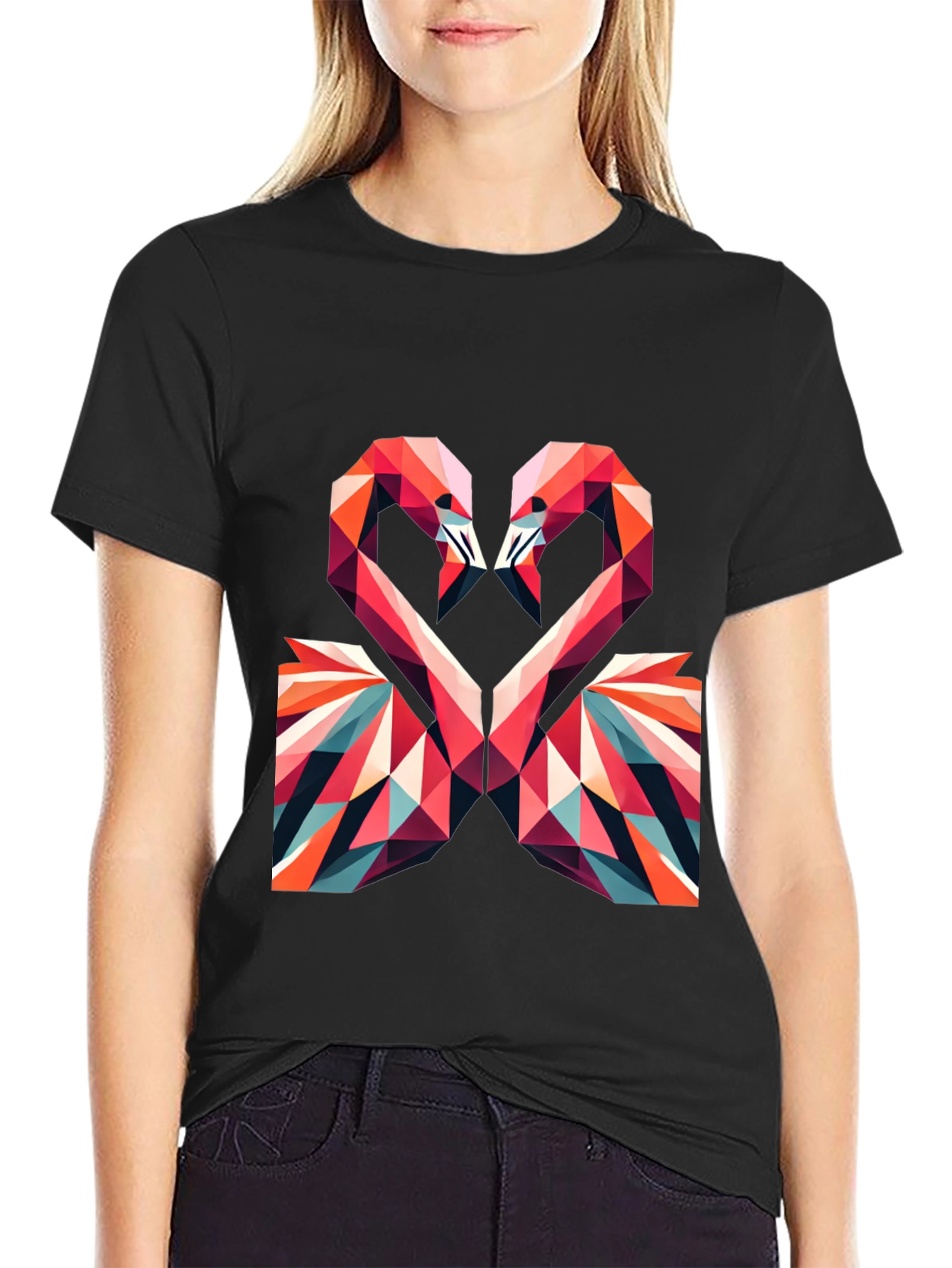 Geometric Flamingo Heart Graphic Tee - Black