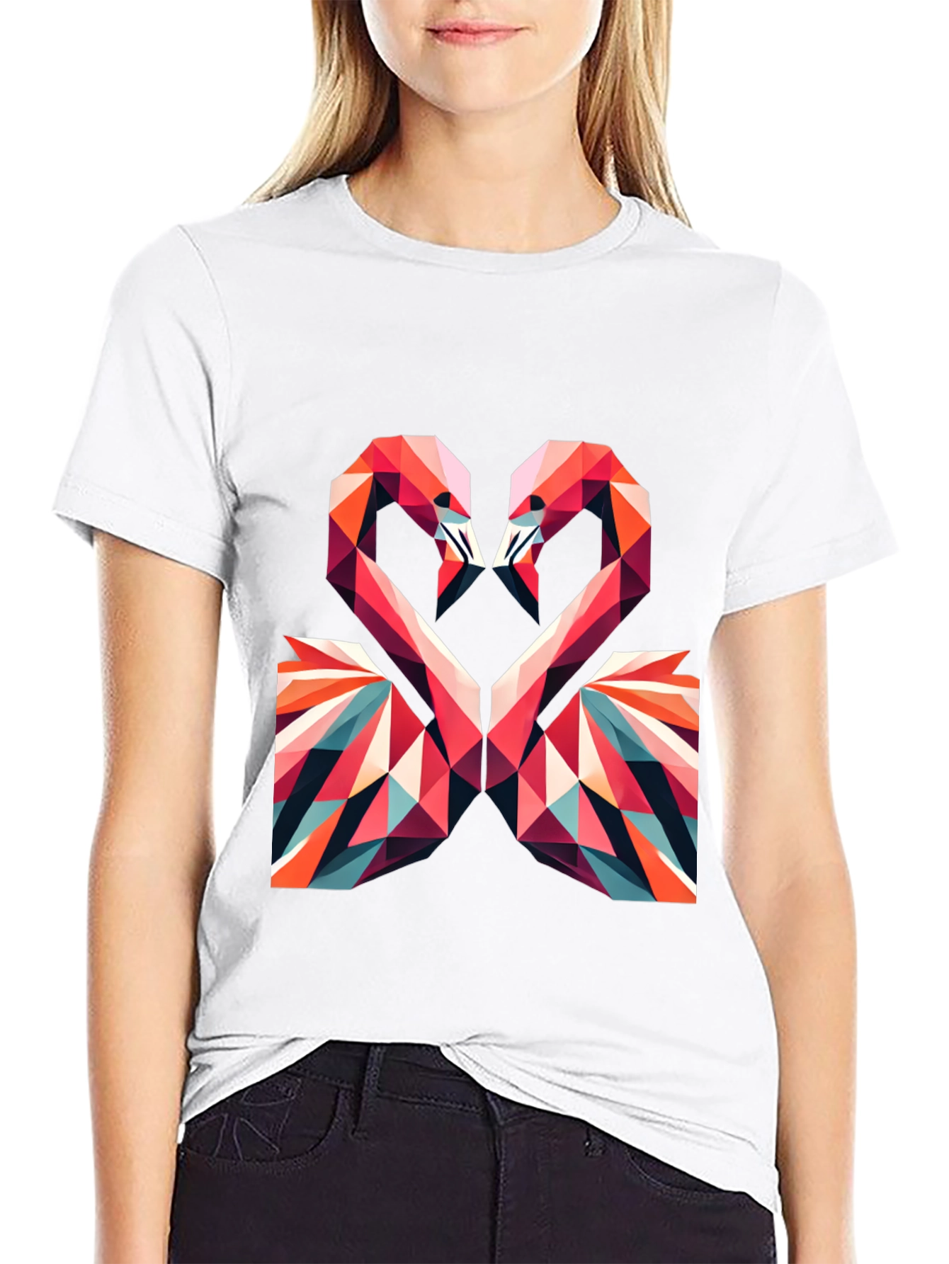 Geometric Flamingo Heart Graphic Tee - Black