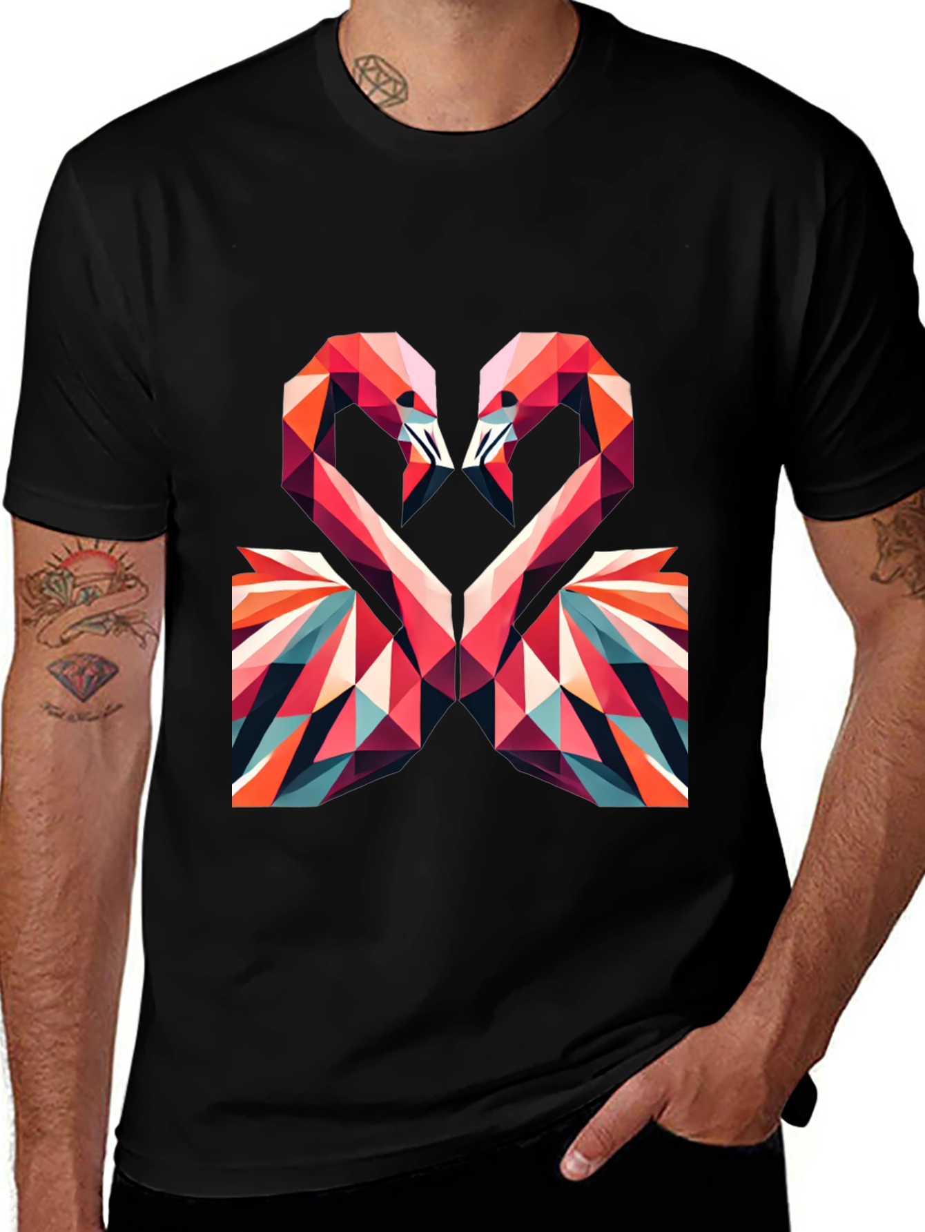 Geometric Flamingo Heart Graphic Tee - Black