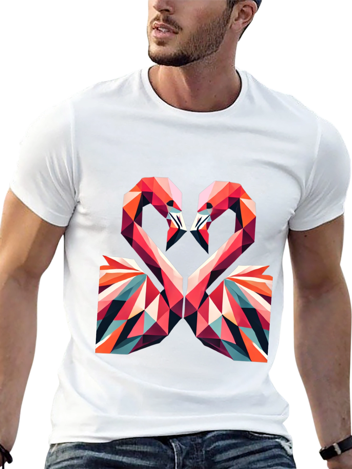Geometric Flamingo Heart Graphic Tee - Black