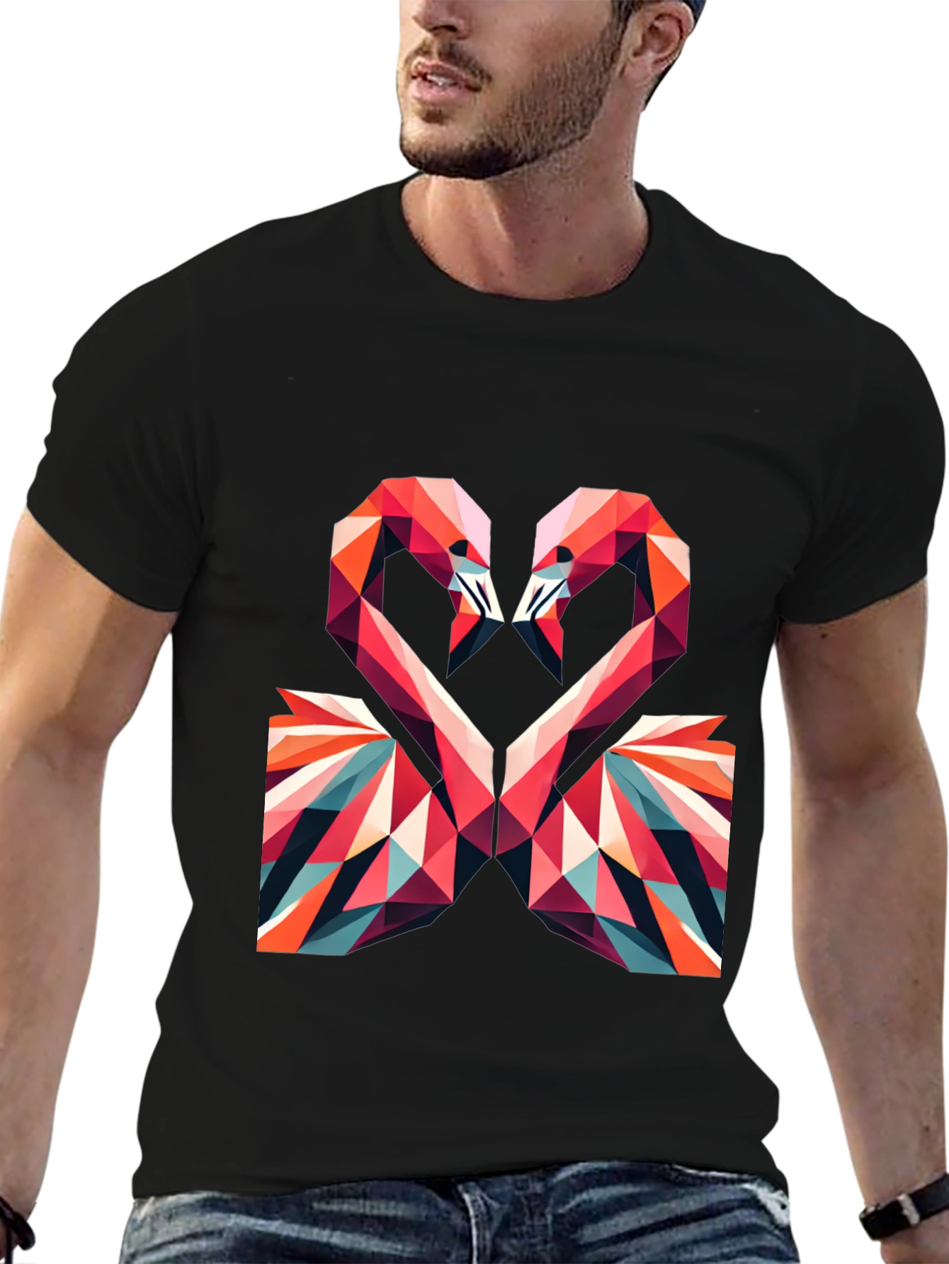 Geometric Flamingo Heart Graphic Tee - Black