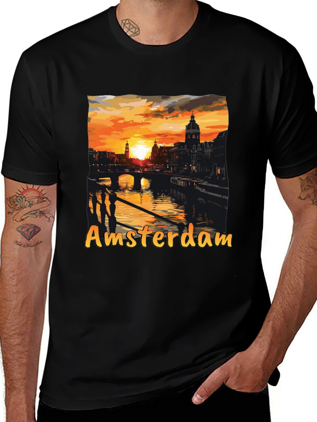 Amsterdam Sunset Graphic Tee - Black Cotton T-Shirt