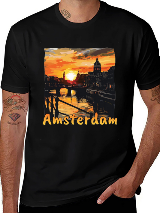 Amsterdam Sunset Graphic Tee - Black Cotton T-Shirt