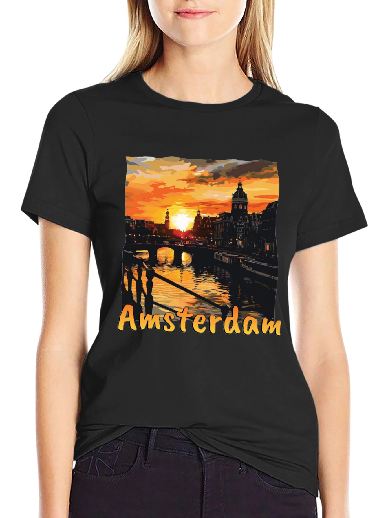 Amsterdam Sunset Graphic Tee - Black Cotton T-Shirt