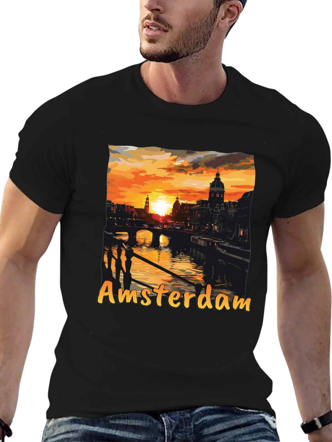 Amsterdam Sunset Graphic Tee - Black Cotton T-Shirt