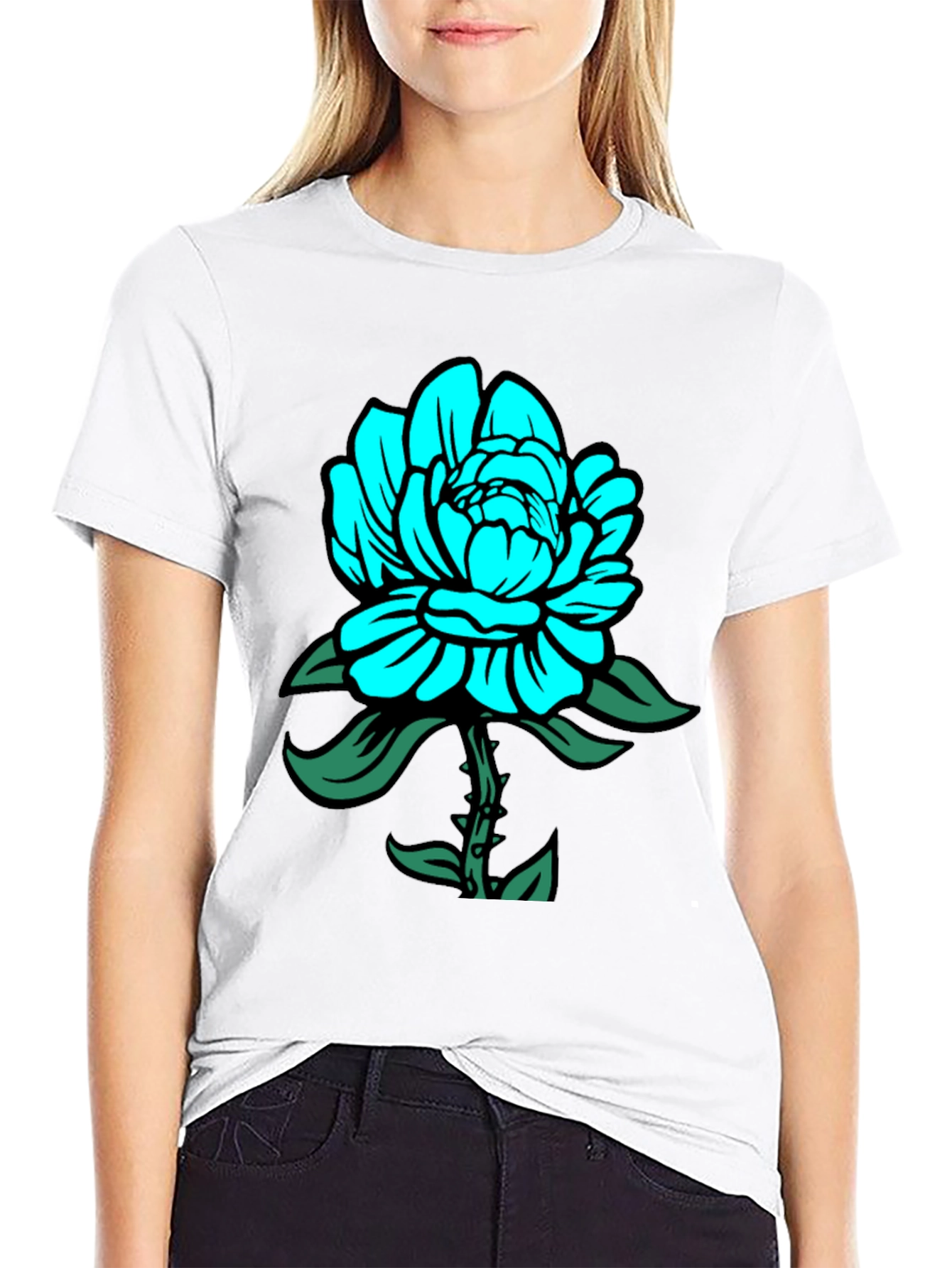 Mens Black T-Shirt with Teal Floral Design