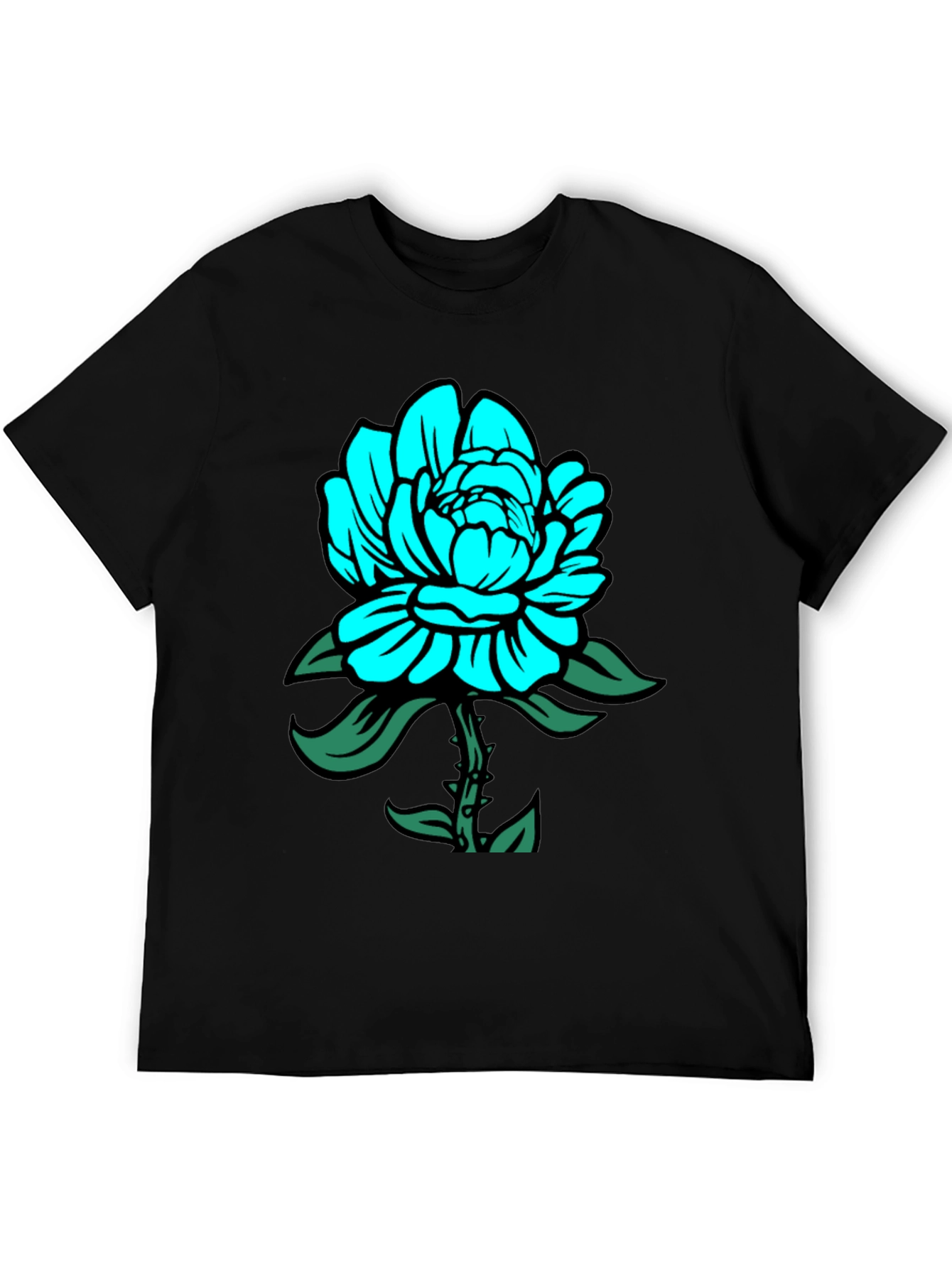 Mens Black T-Shirt with Teal Floral Design