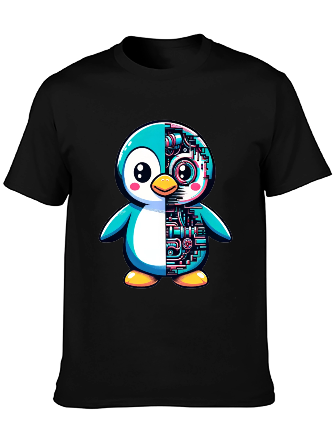 Robot Penguin Graphic Tee - Cool Black T-Shirt