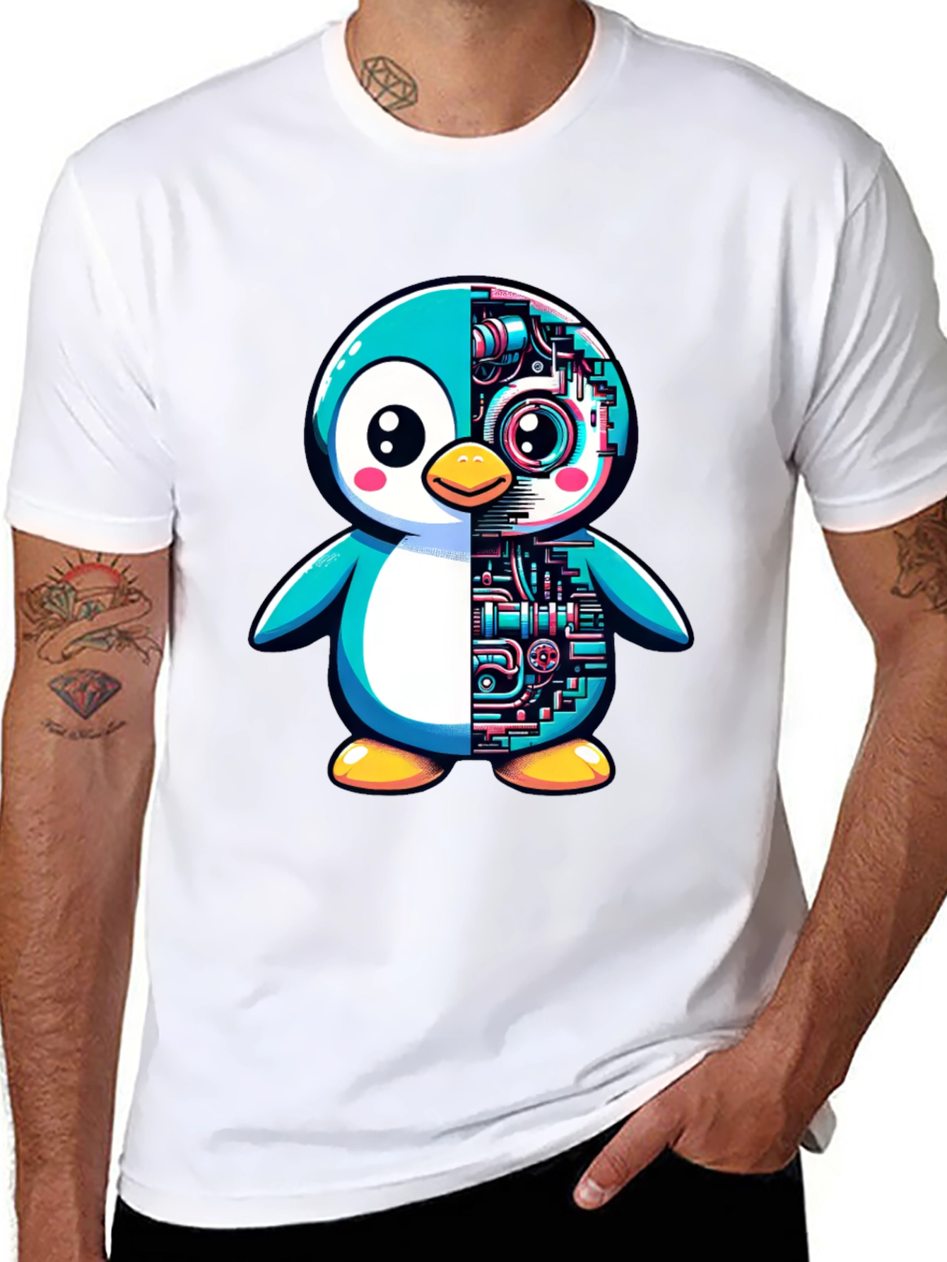 Robot Penguin Graphic Tee - Cool Black T-Shirt