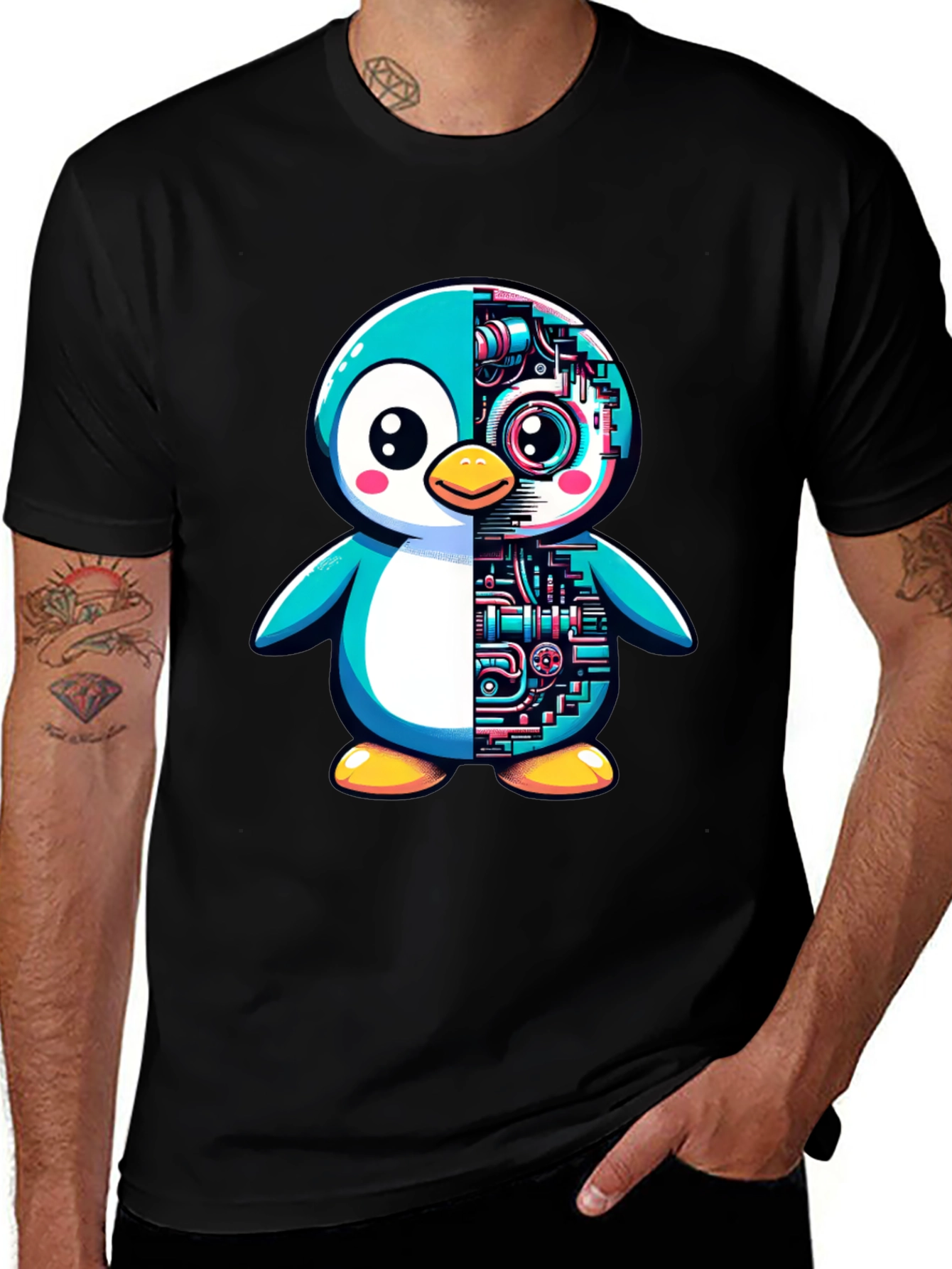 Robot Penguin Graphic Tee - Cool Black T-Shirt