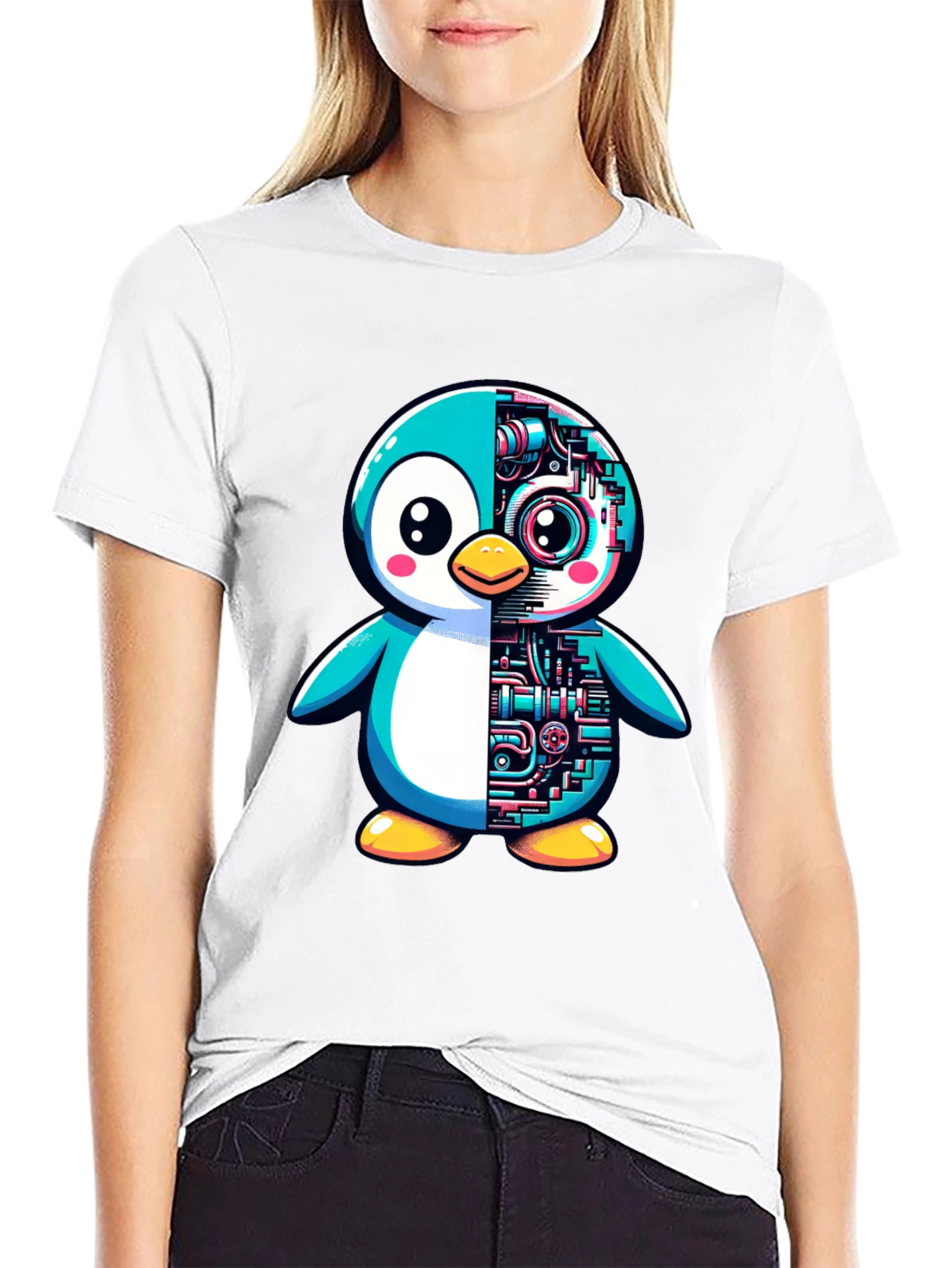 Robot Penguin Graphic Tee - Cool Black T-Shirt