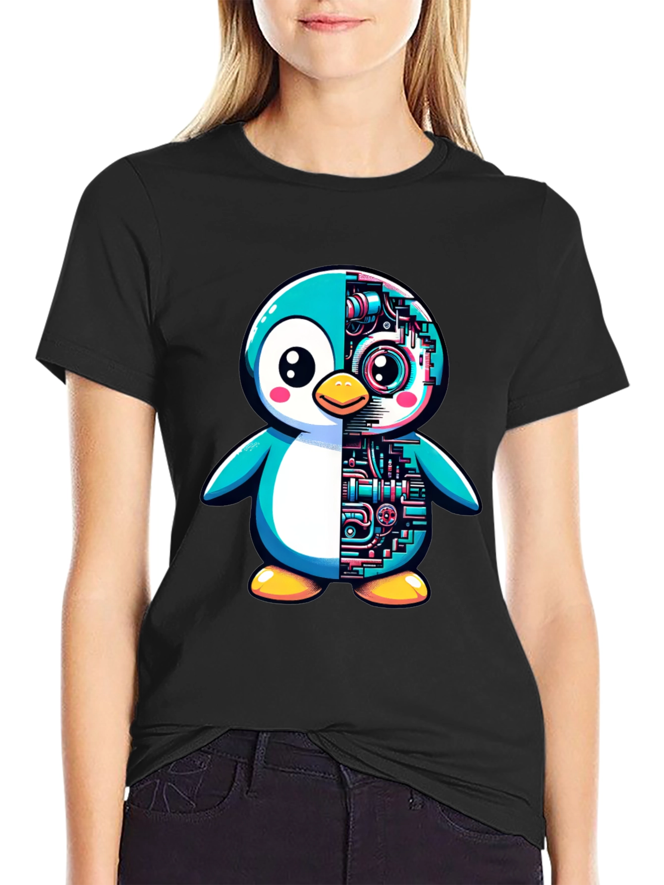Robot Penguin Graphic Tee - Cool Black T-Shirt