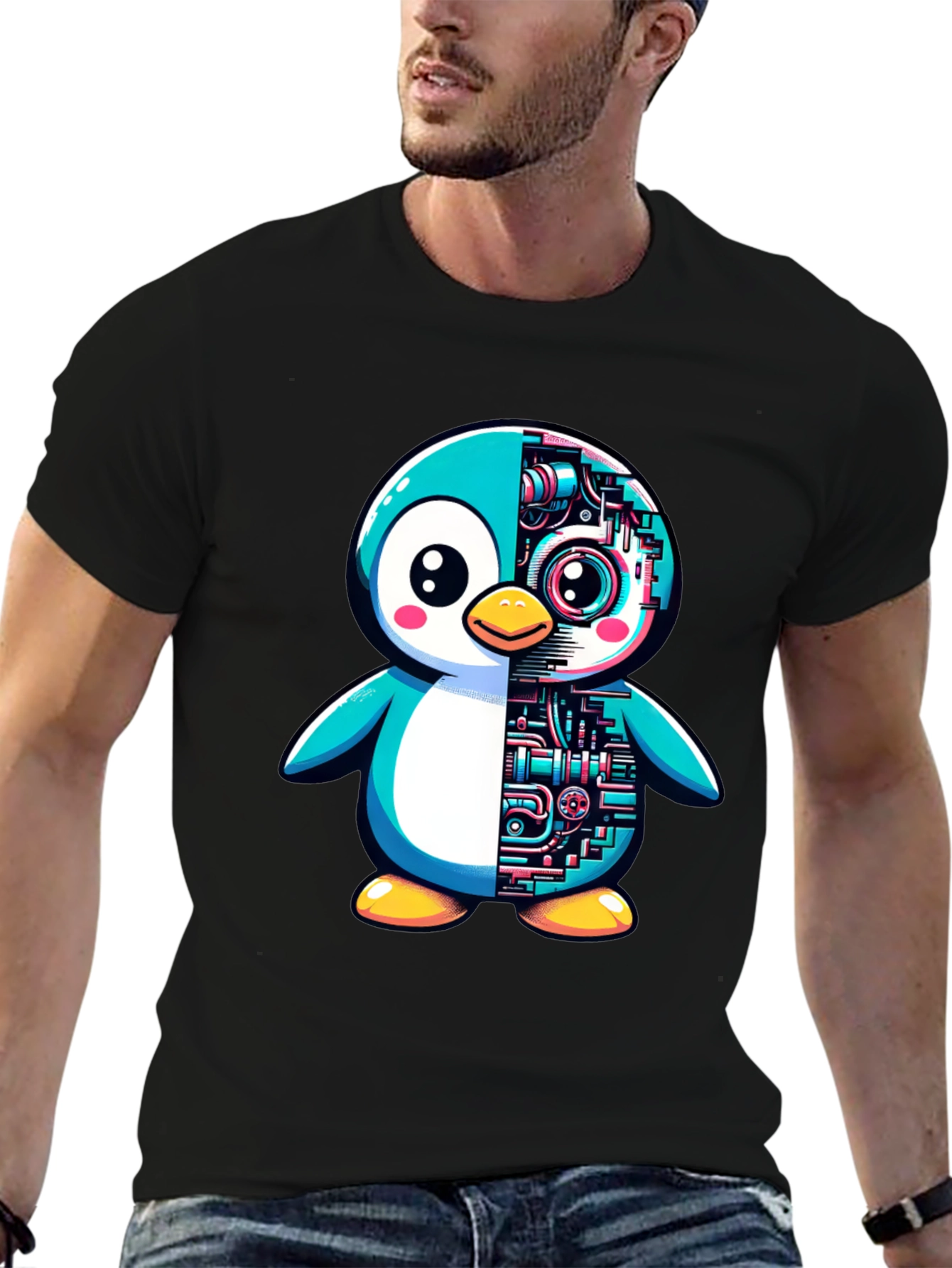 Robot Penguin Graphic Tee - Cool Black T-Shirt