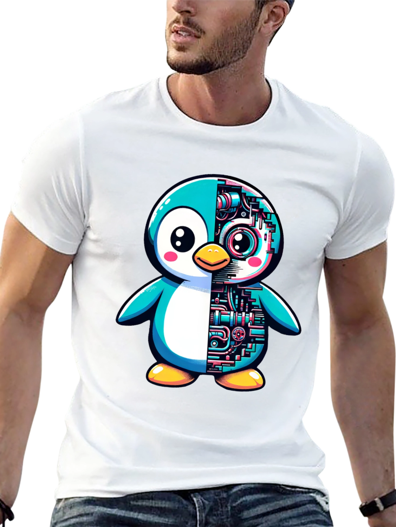 Robot Penguin Graphic Tee - Cool Black T-Shirt