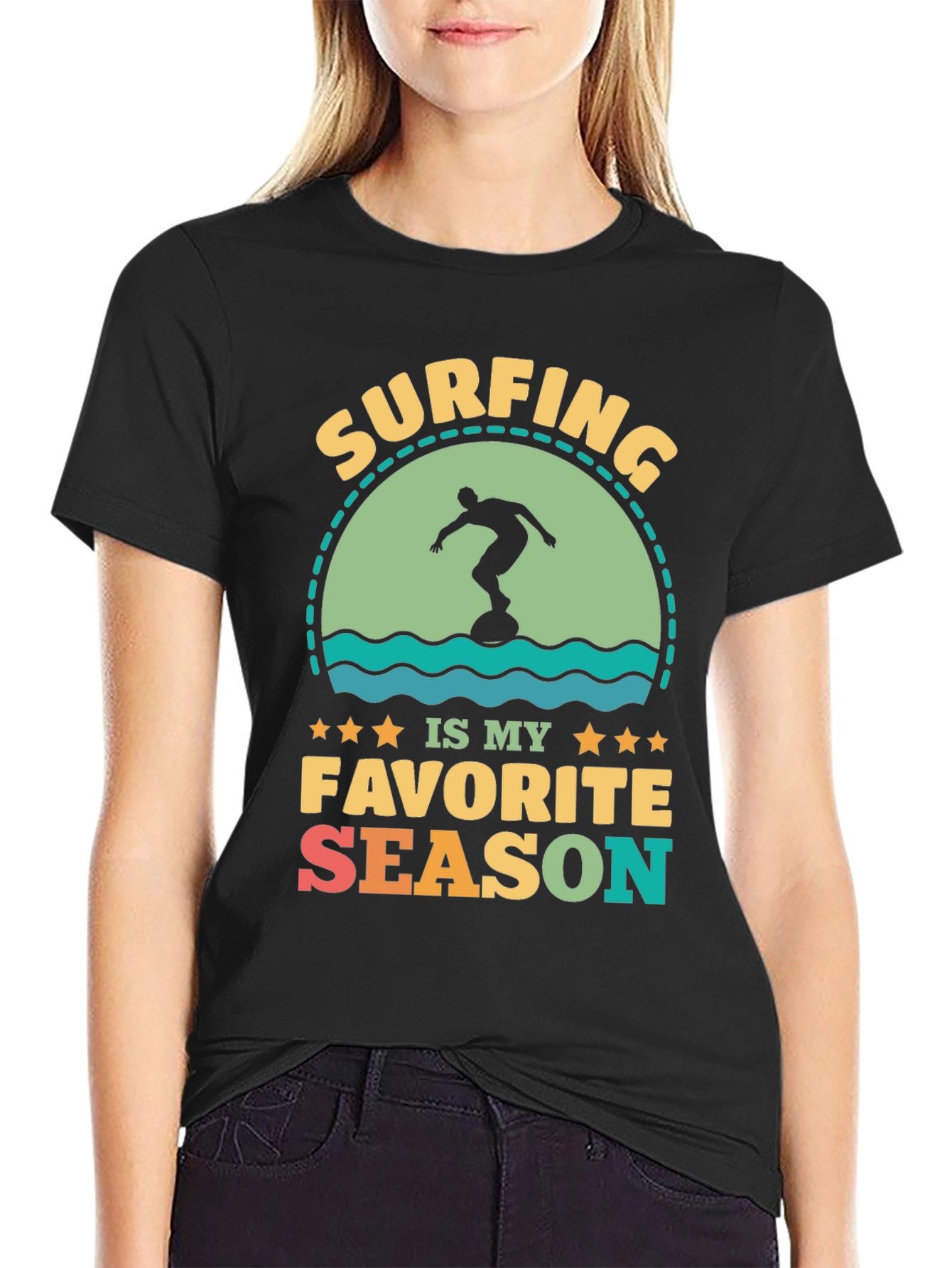 Surfing Is My Favorite Season Black Graphic Tee
