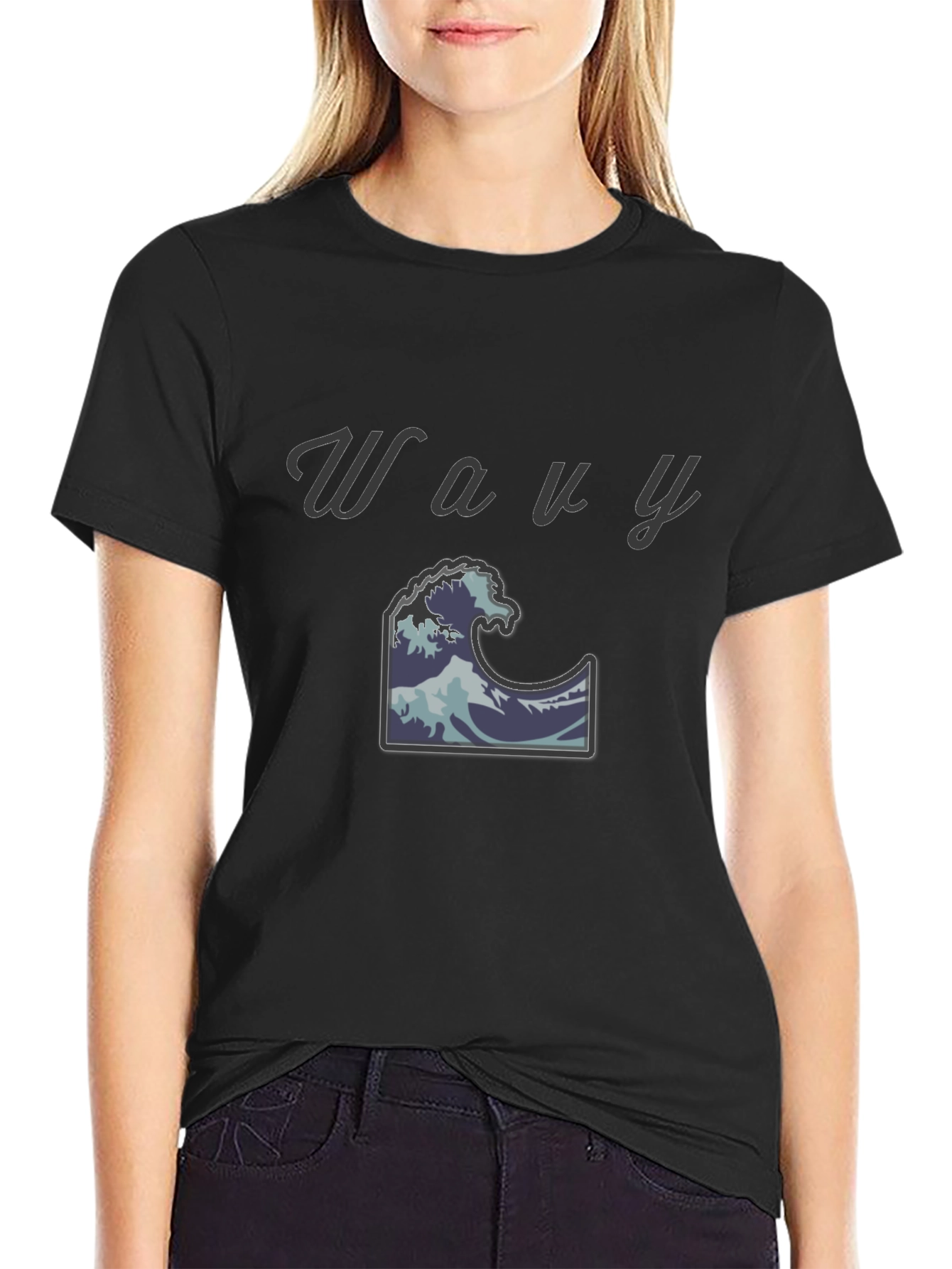 Wavy Wave Design Black T-Shirt