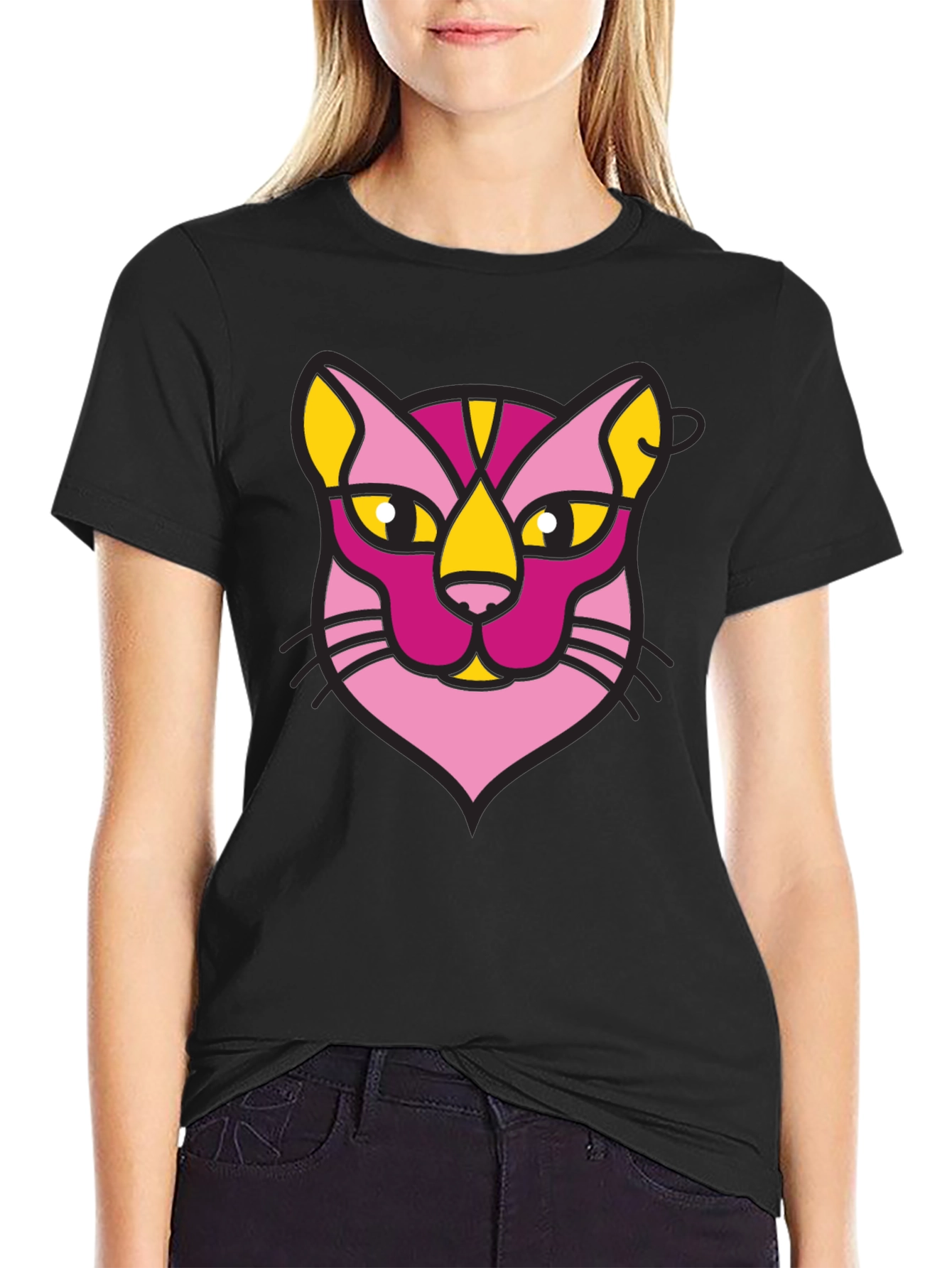 Abstract Cat Graphic Black T-Shirt