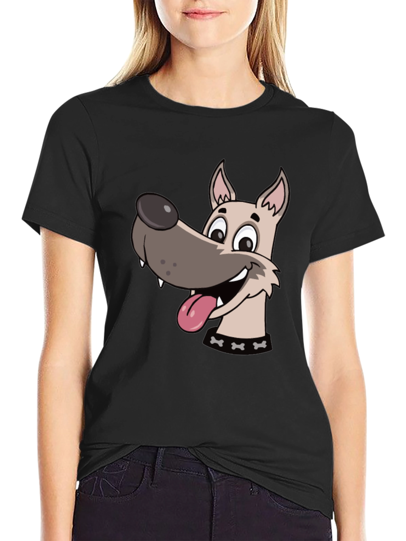 Cartoon Dog Graphic Tee - Black Cotton T-Shirt