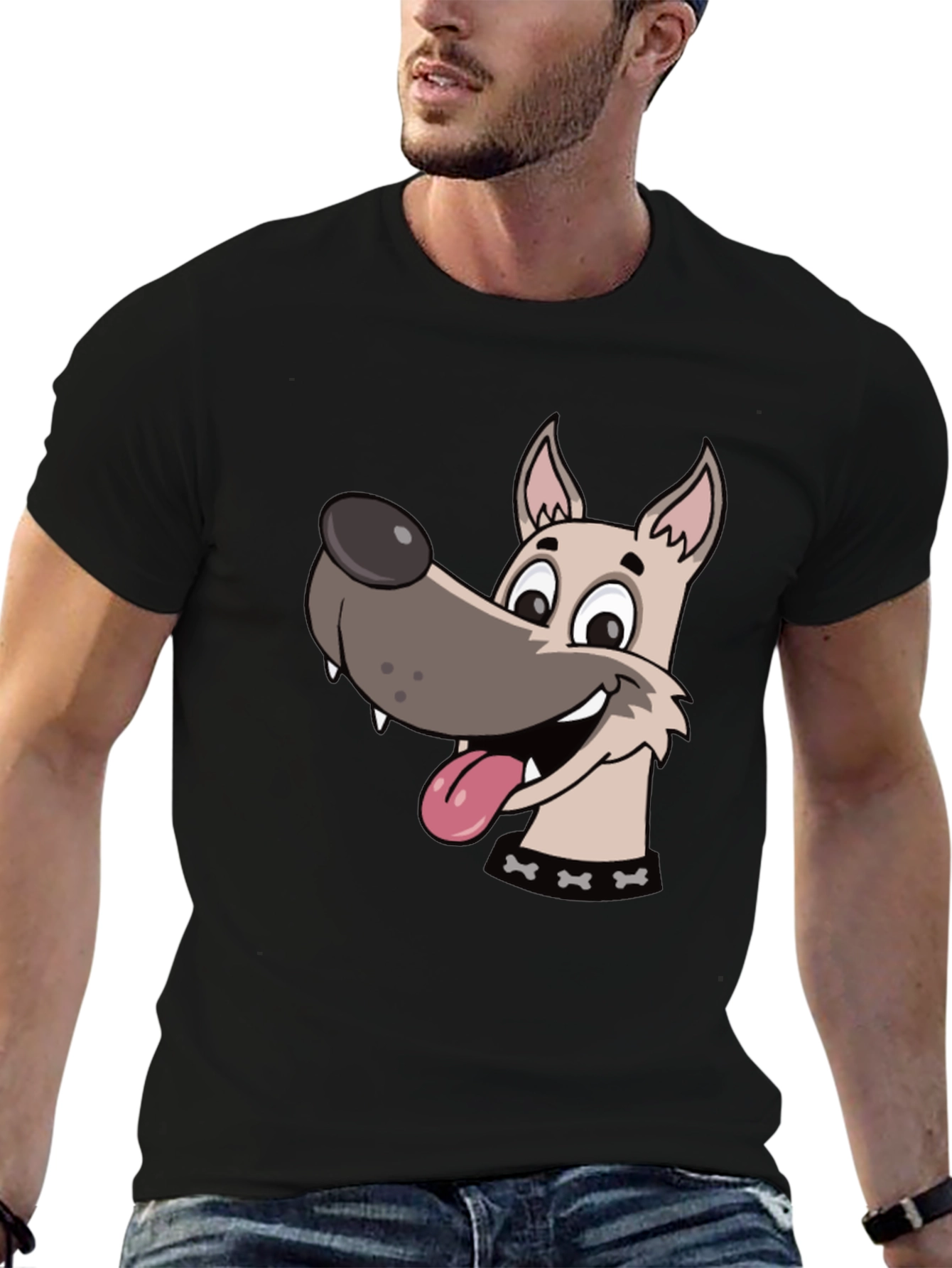 Cartoon Dog Graphic Tee - Black Cotton T-Shirt