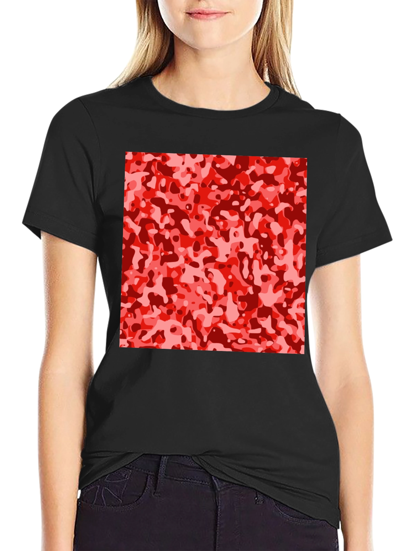 Red Camo Print Black T-Shirt