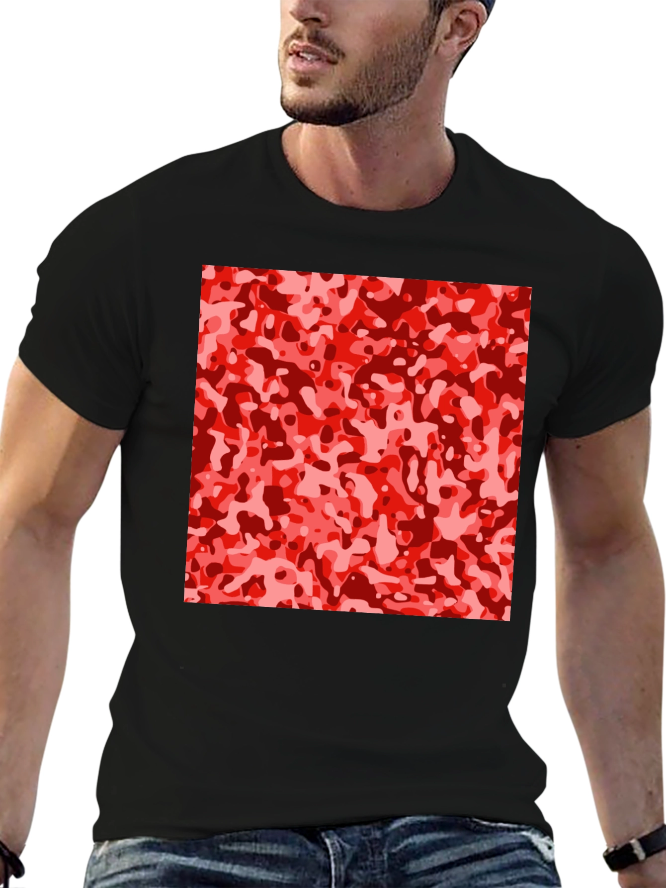 Red Camo Print Black T-Shirt