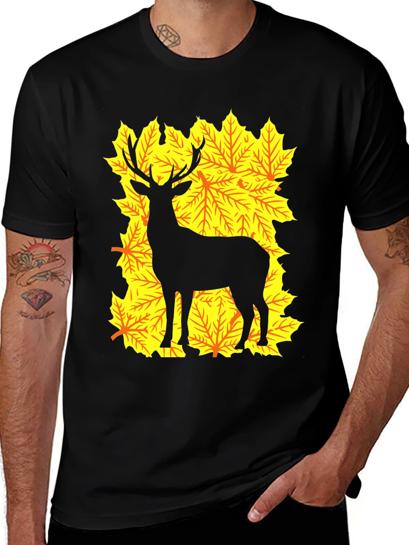 Deer Silhouette on Autumn Leaves Graphic Tee