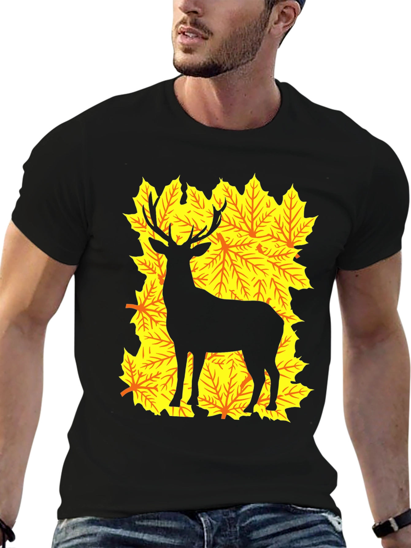Deer Silhouette on Autumn Leaves Graphic Tee