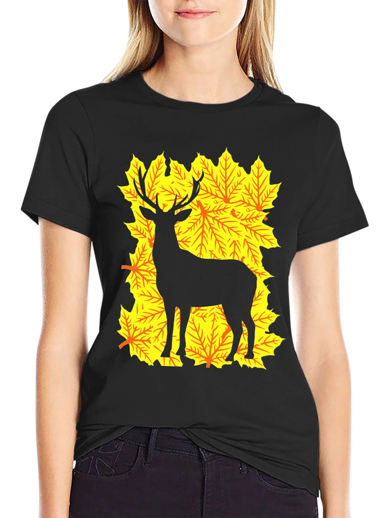 Deer Silhouette on Autumn Leaves Graphic Tee