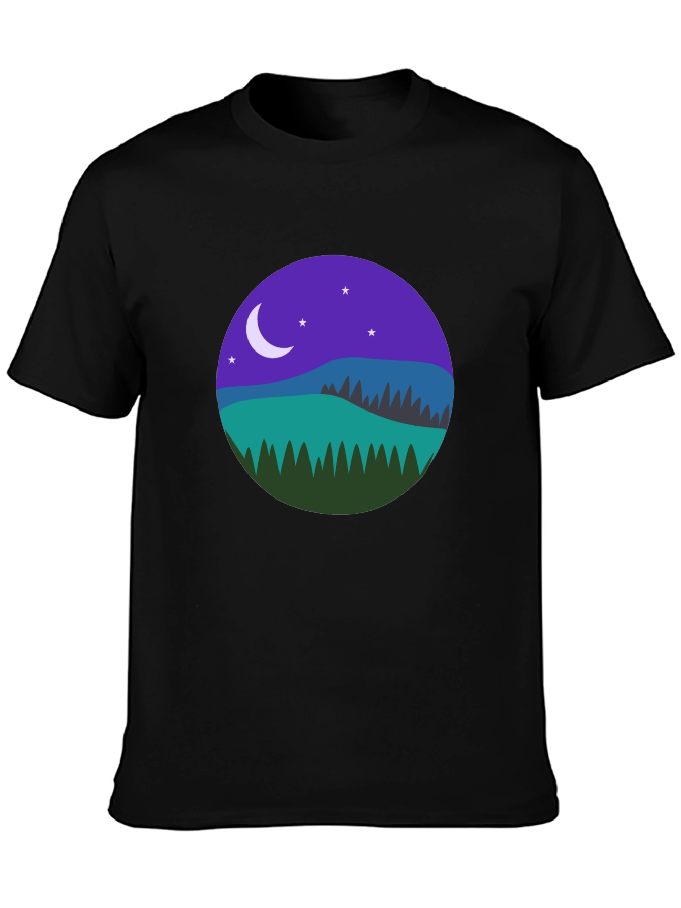 Night Landscape Graphic Tee - Casual Black T-Shirt