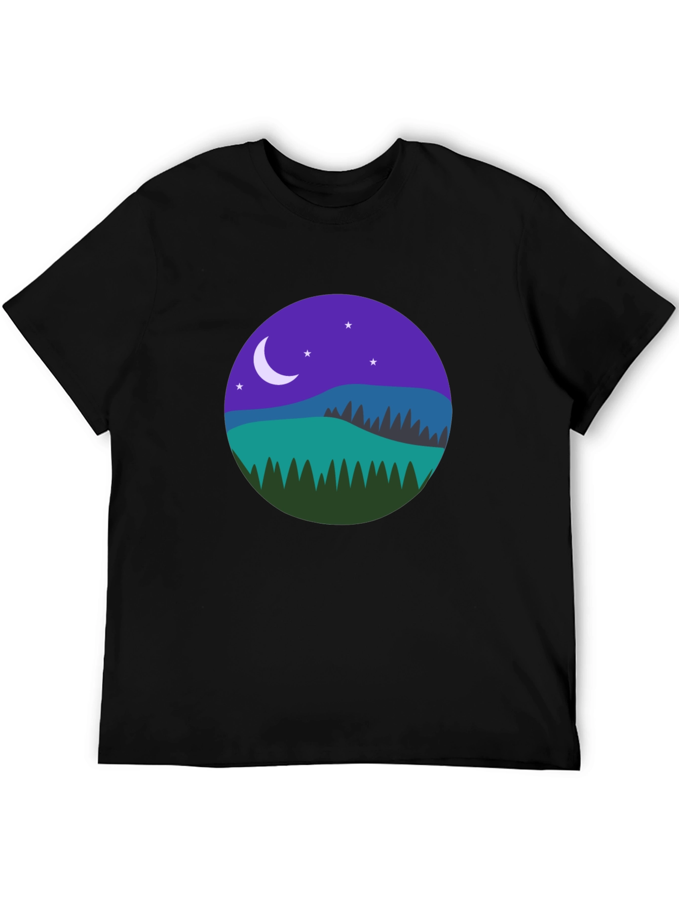 Night Landscape Graphic Tee - Casual Black T-Shirt