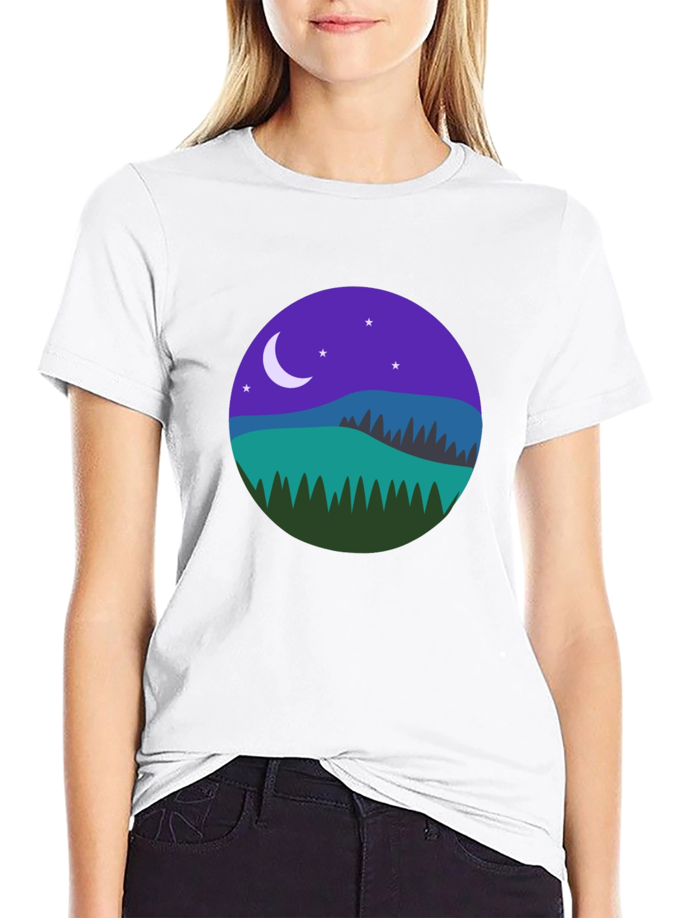 Night Landscape Graphic Tee - Casual Black T-Shirt