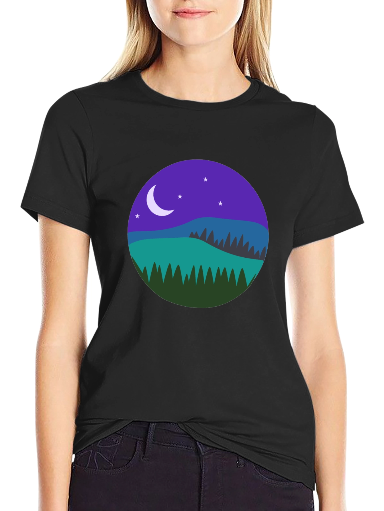 Night Landscape Graphic Tee - Casual Black T-Shirt