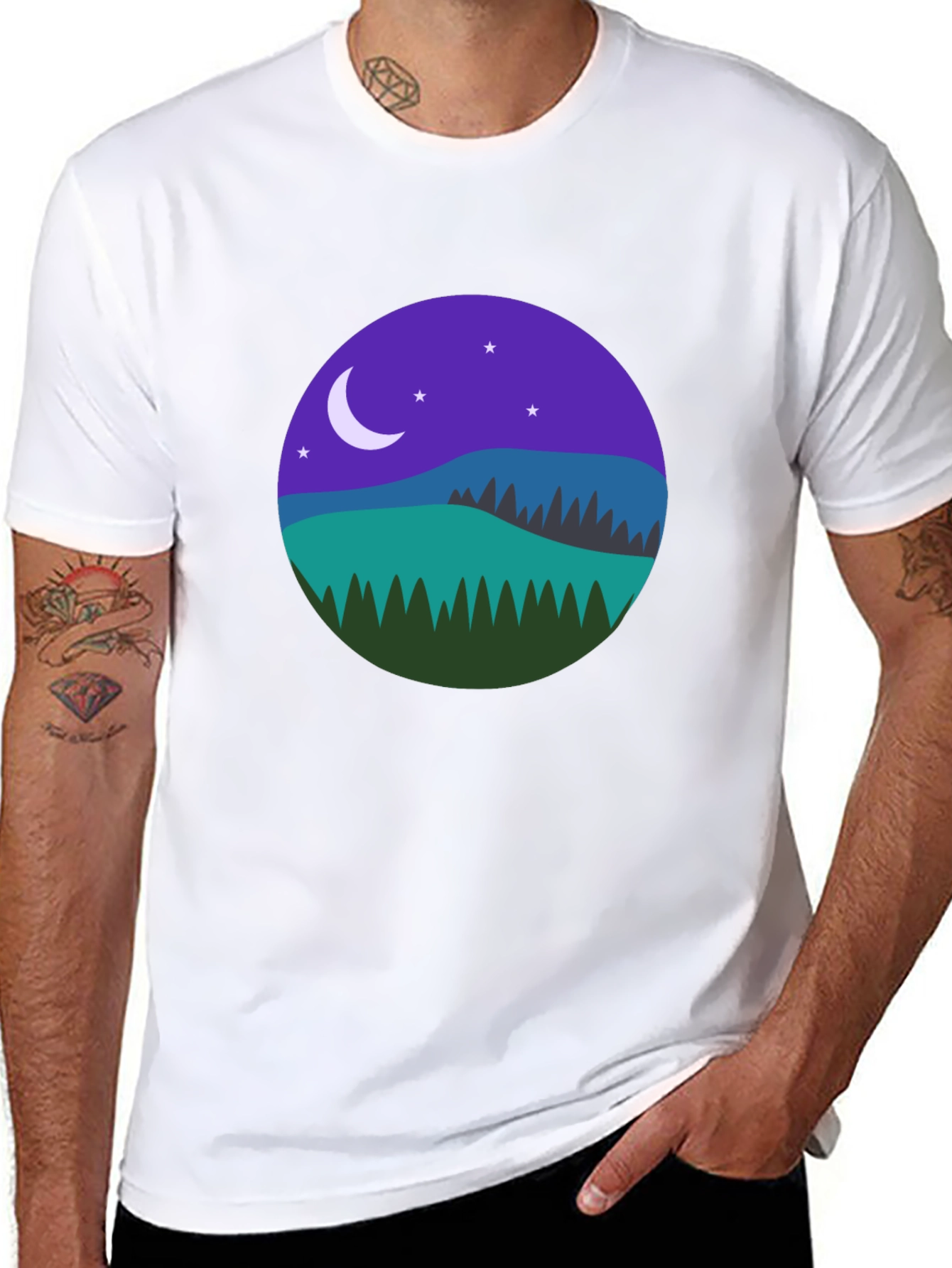 Night Landscape Graphic Tee - Casual Black T-Shirt