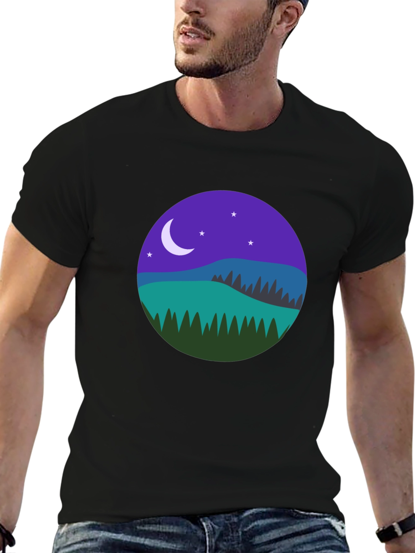 Night Landscape Graphic Tee - Casual Black T-Shirt