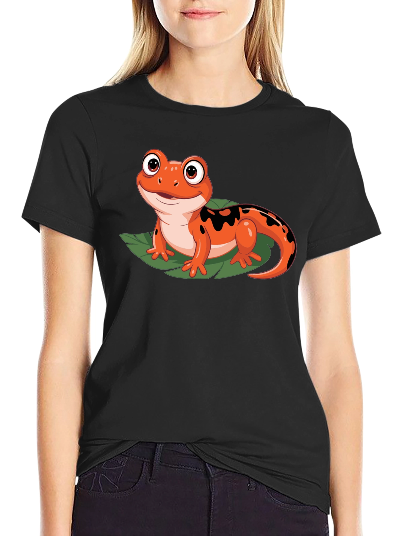 Cute Cartoon Salamander Graphic Black T-Shirt