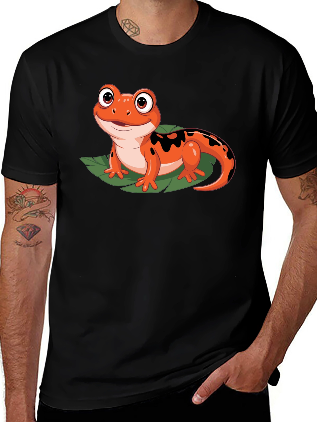 Cute Cartoon Salamander Graphic Black T-Shirt