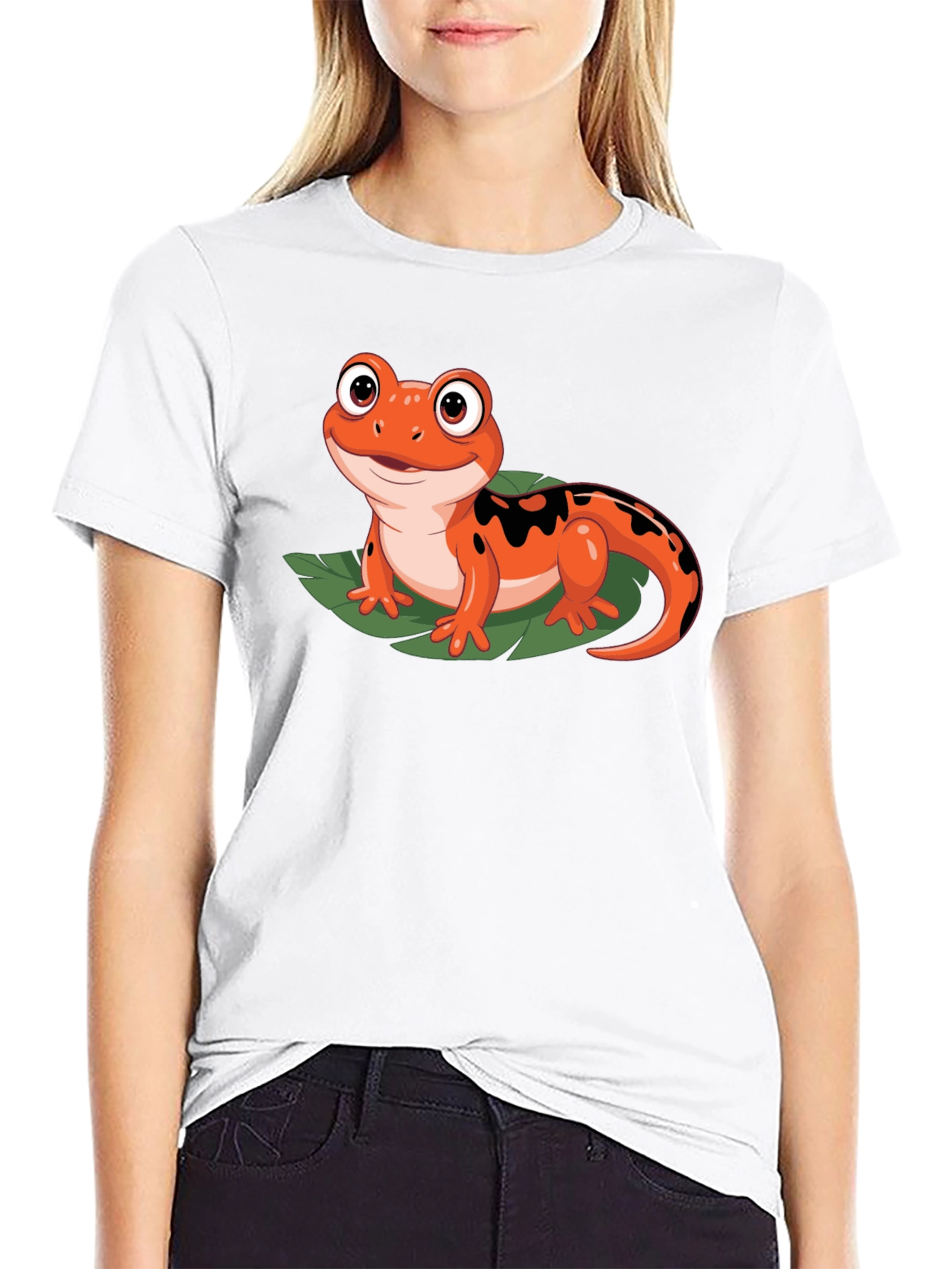 Cute Cartoon Salamander Graphic Black T-Shirt