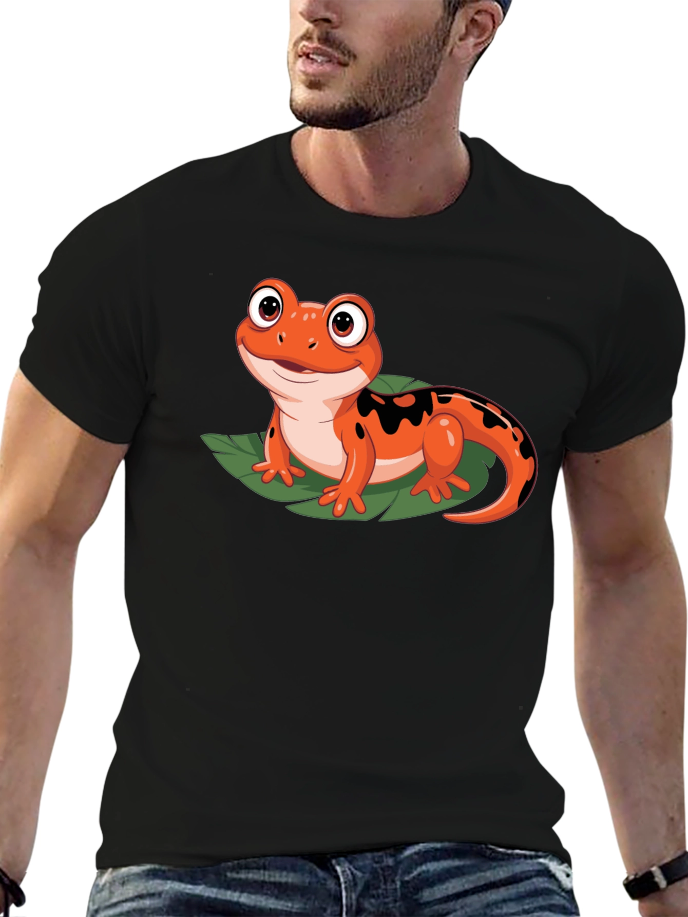 Cute Cartoon Salamander Graphic Black T-Shirt