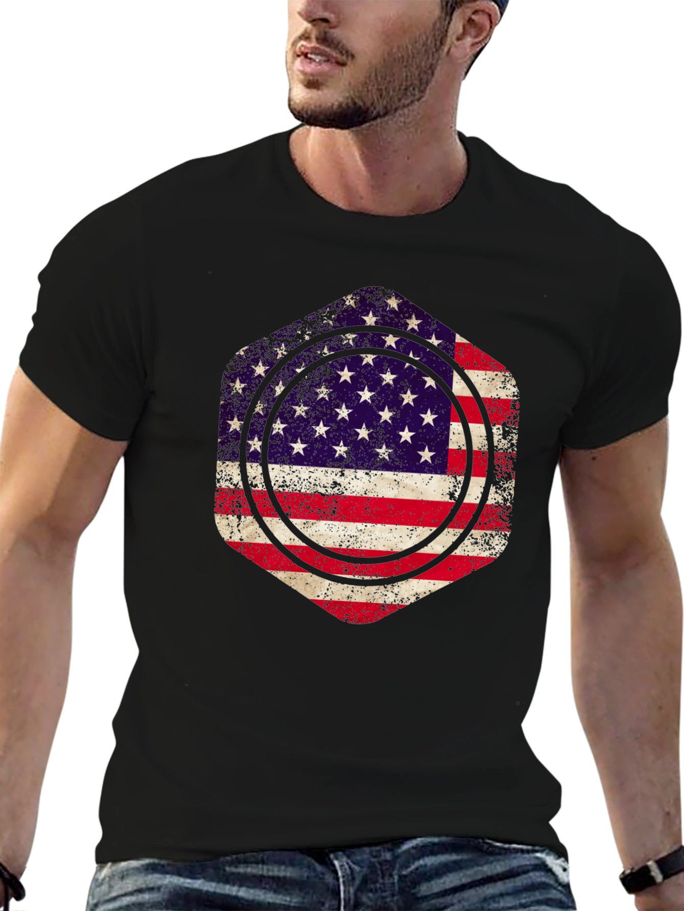 American Flag Graphic Print Mens Black T-Shirt
