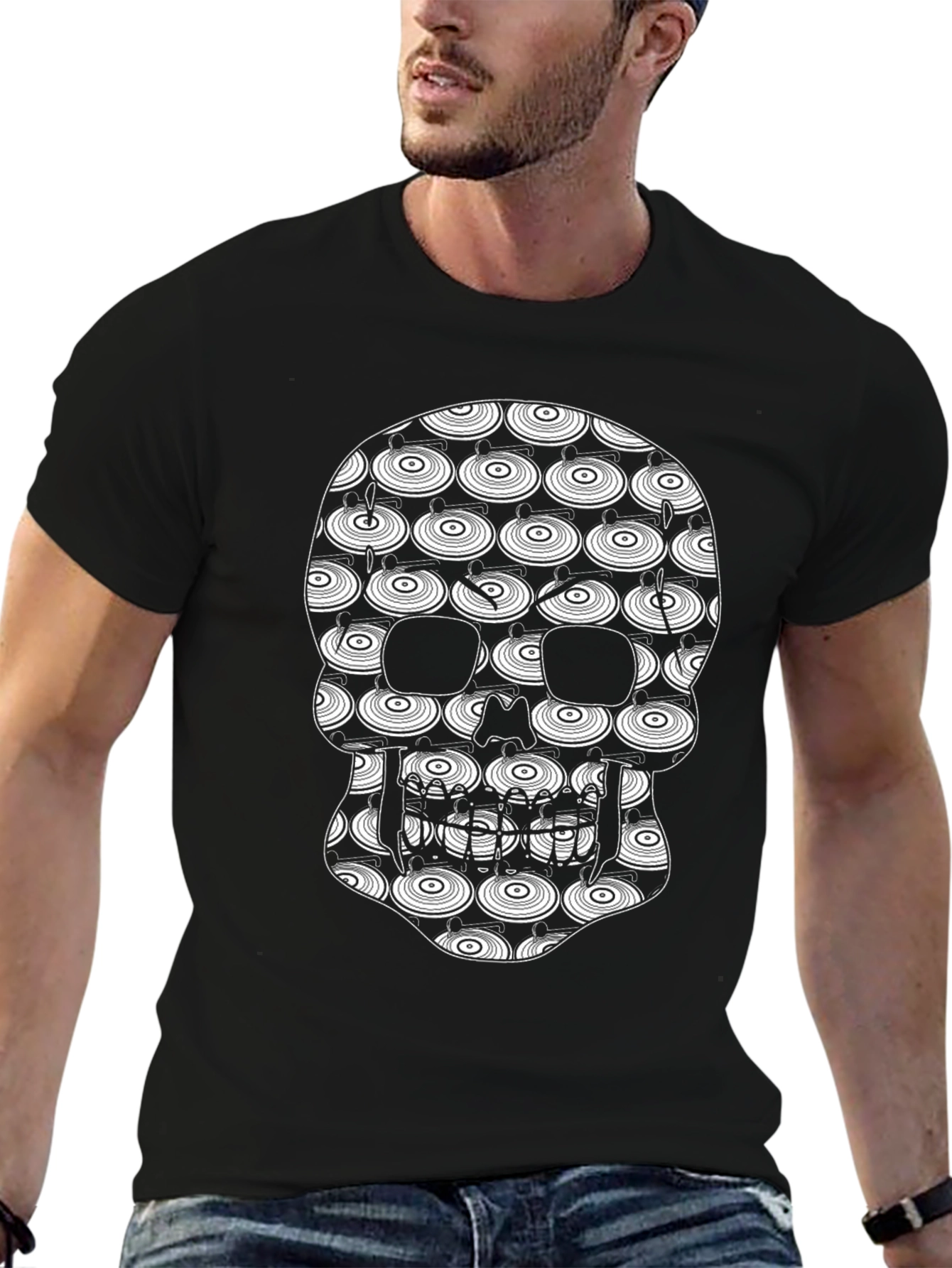 Skull Vinyl Record Pattern Black T-Shirt