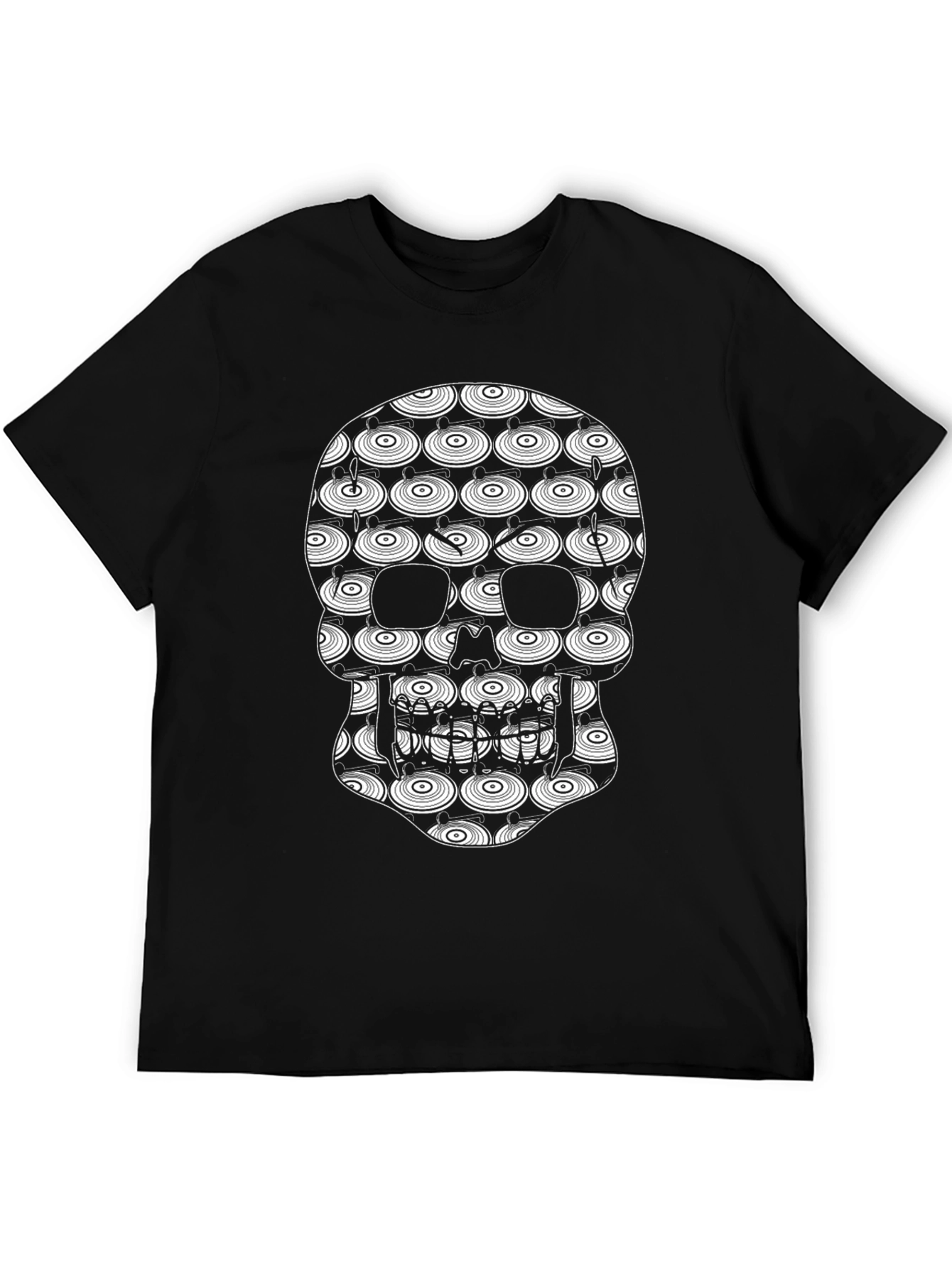 Skull Vinyl Record Pattern Black T-Shirt