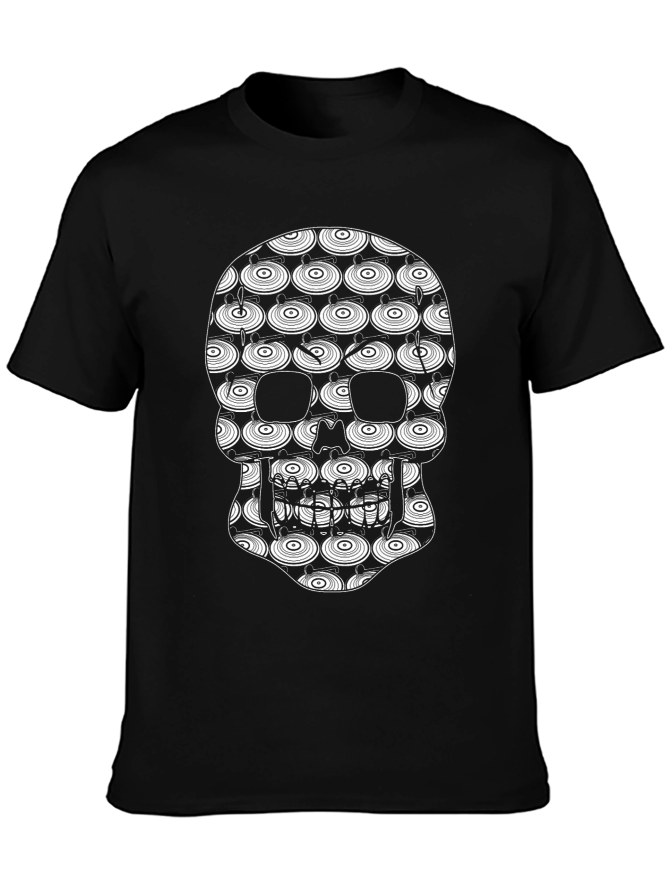 Skull Vinyl Record Pattern Black T-Shirt