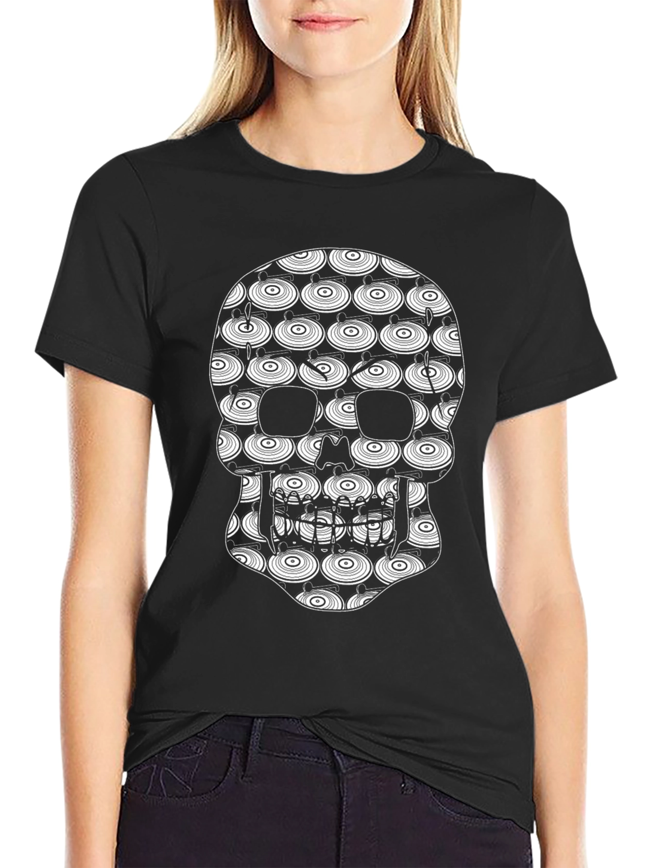 Skull Vinyl Record Pattern Black T-Shirt