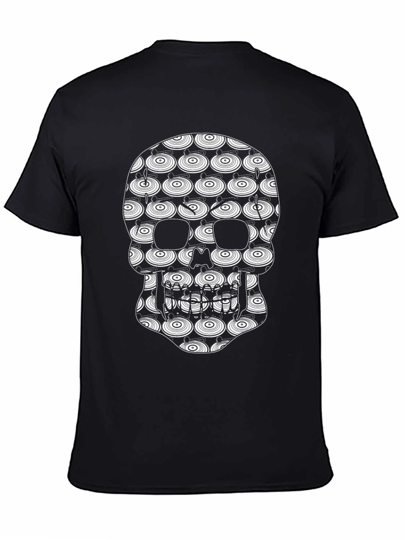 Skull Vinyl Record Pattern Black T-Shirt