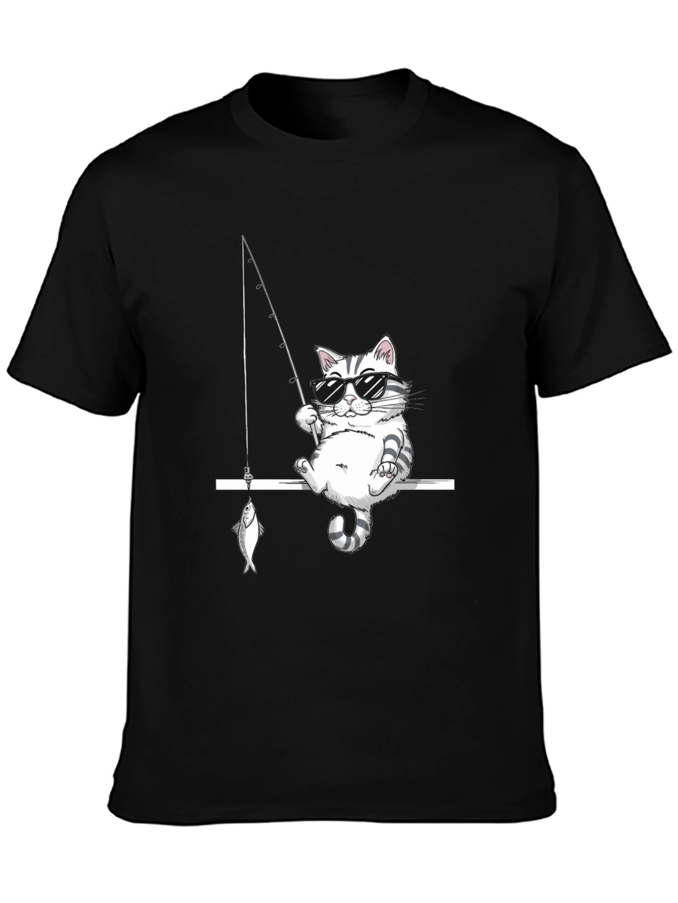 Cool Cat Fishing Graphic Tee - Black Cotton T-Shirt