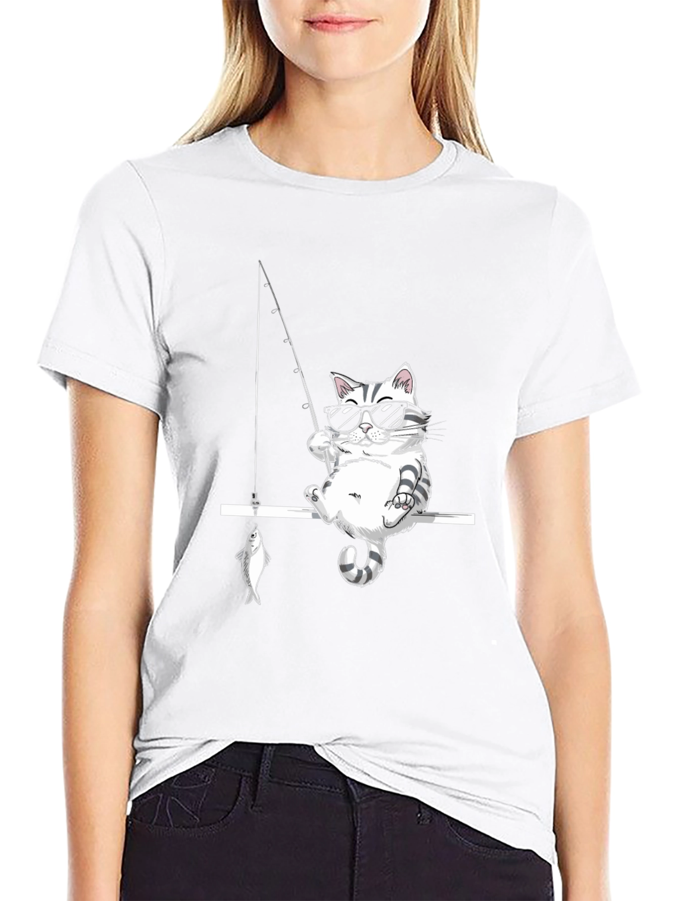 Cool Cat Fishing Graphic Tee - Black Cotton T-Shirt