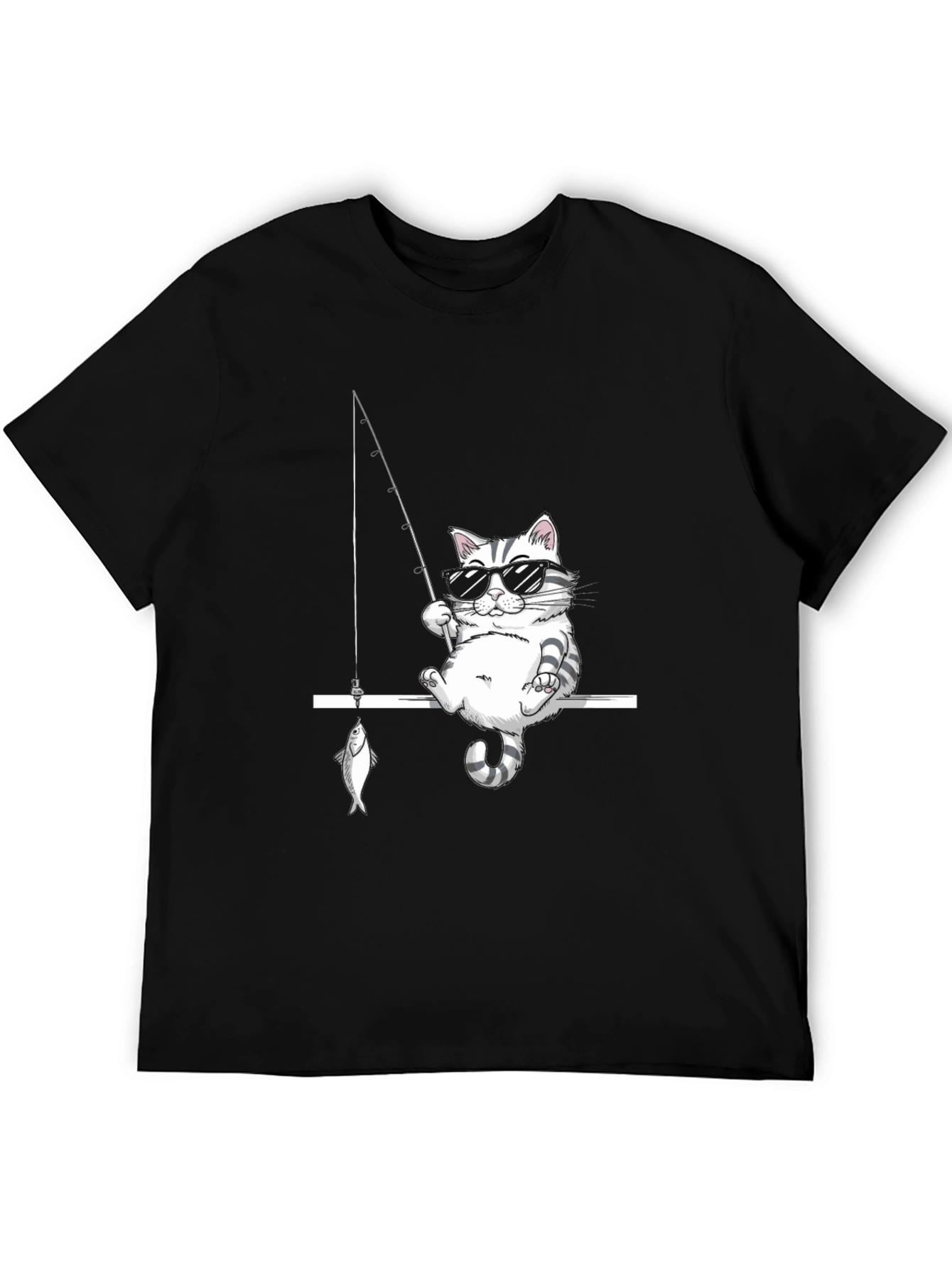 Cool Cat Fishing Graphic Tee - Black Cotton T-Shirt